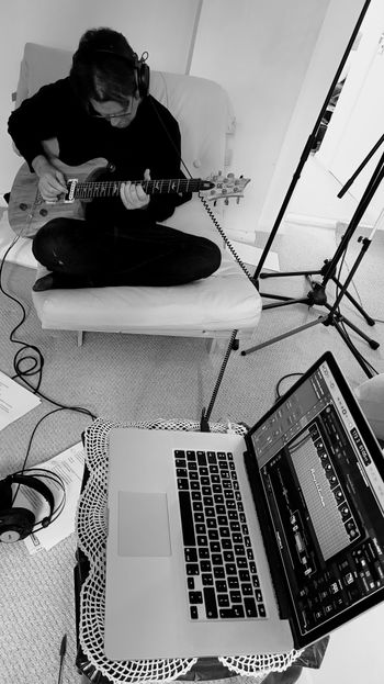 Recording the guitar solo on 'Eversion'. Malcolm playing a rather attractive spalted maple PRS 24 SE. Photo by Mark Gatland.
