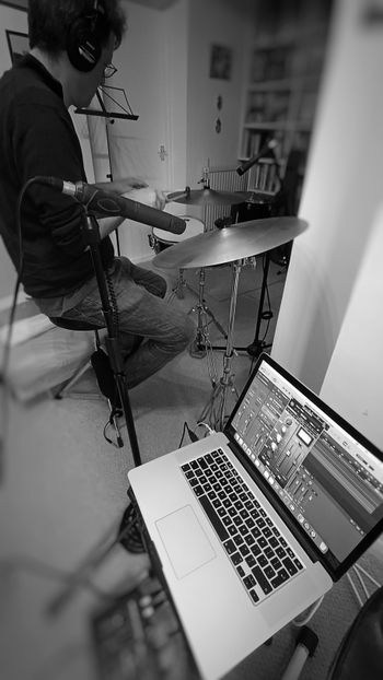 Recording the 'swooshy' cymbal bits in the title track. Photo by Mark Gatland.

