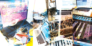 Parallel Lives - behind the scenes collage - synths and drums. Photos by Mark Gatland. Collage by Malcolm Galloway.
