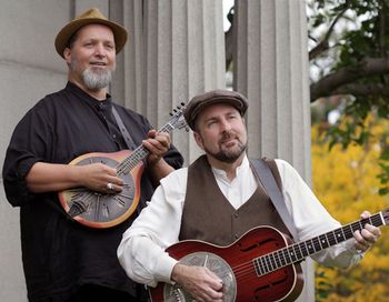 Lost Radio Rounders promo shot ME and Tom Lindsay in Troy. ME with National RM-1 mandolin, TL with my National El Trovador
