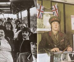 Ivor Cutler, Sunforest friend and mentor, in front of Ringo on The Beatles Magical Mystery Tour.
