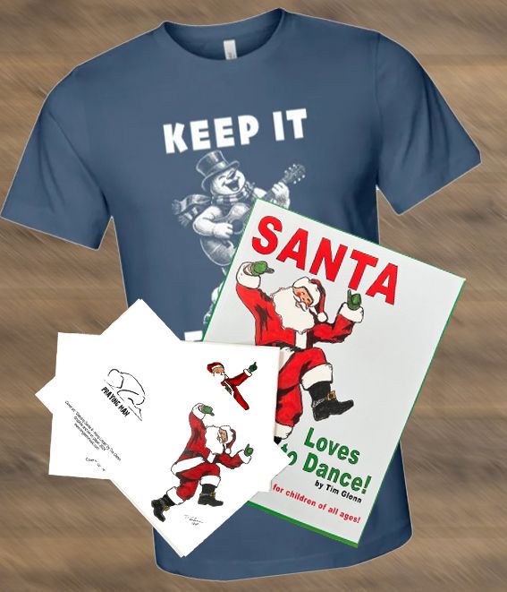 CHRISTMAS FUN BUNDLE! (Christmas t-shirt, Coloring Book, and six Dancing Santa Greeting Cards)