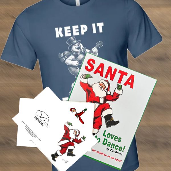 CHRISTMAS FUN BUNDLE! (Christmas t-shirt, Coloring Book, and six Dancing Santa Greeting Cards)