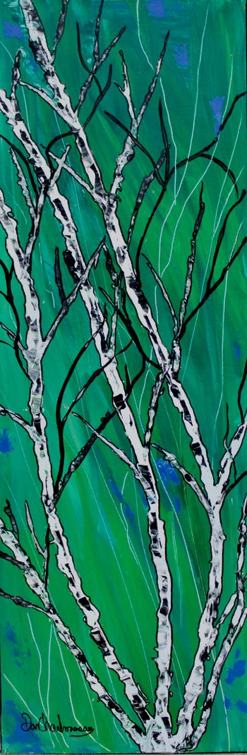 "Green Day #1/ Winter Birch Series ...12x36 acrylic on canvas...$295.
