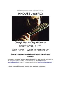 Cancelled!!!  In-house jazz presents Cheryl Alex & Clay Giberson.