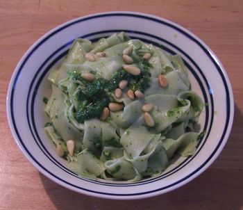 Fresh Fettucine with Arugula Pesto and Pine Nuts
