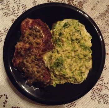 Sauteed Pork Tenderloin and Shredded Brussels Sprouts with Parmesan and Cream
