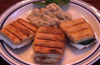Onion, Sage & Prosciutto, and Basil Panini with Tuscan Beans
