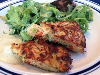 Sesame Noodle Cakes with Arugula Salad and Teeny Tiny Hamburger
