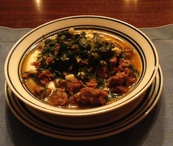 Hot Italian Sausage with Arugula and Garlic on Polenta
