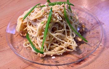 Cold Hummus Noodles with Peanuts and Sugar Snap Peas
