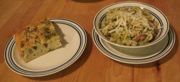 Pasta with Brussels Sprouts & Bacon with Rosemary Focaccia
