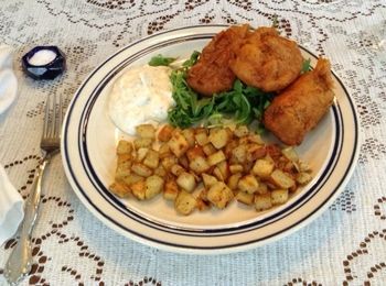 Fried Cod on Arugula with Lemon Tartar Sauce and Sauteed Potato Cubes

