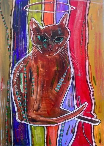 Green Eyed Brownish Cat with Uneven Vertical LInes

