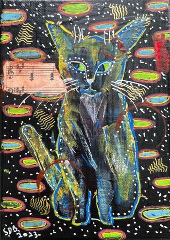 Black Blue Green Cat with Music on Canvass
