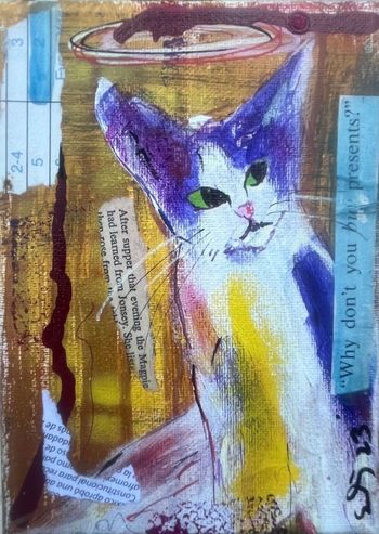Purple White Cow Cat Buy Presents on Canvas
