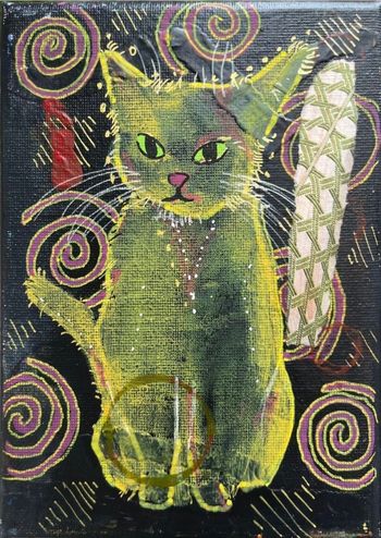 Green Fuzzy Cat on Canvas
