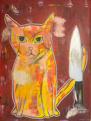 Yellow Cat with Chef Knife
