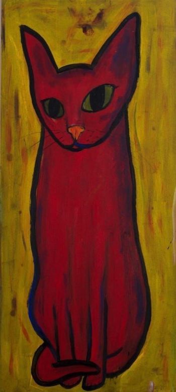 Tall Red Cat Mustard Background
