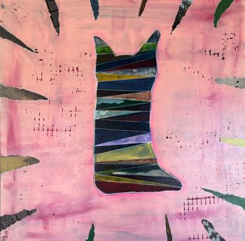 Stripy Cat on Pink Square
