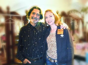 Father Guido Sarducci (Don Novello) and Bethany Owen share a moment backstage at the OC Pavilion in Santa Ana, CA after a performance of Don's for the Society of St. Vincent de Paul Society, Orange Co
