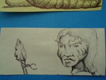 NATIVE AMERICAN WITH SPEAR, pen and ink by Olin Smith.
