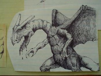 Dragon, pen and ink drawing by Olin Smith.

