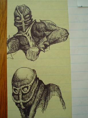 TWO MEN, pen and ink drawing by Olin Smith.
