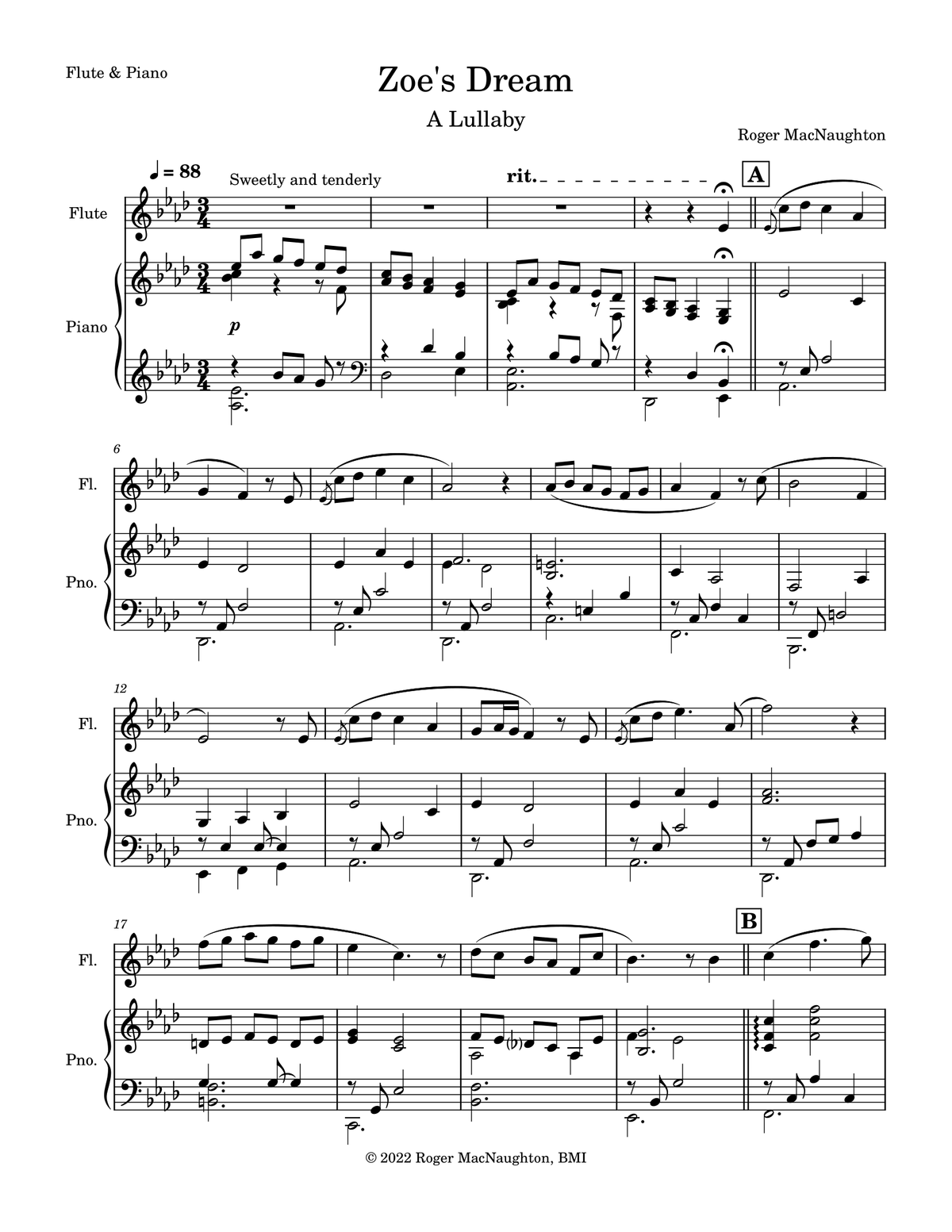"ZOE'S DREAM" - A Lullaby - Sheet Music for Flute & Piano