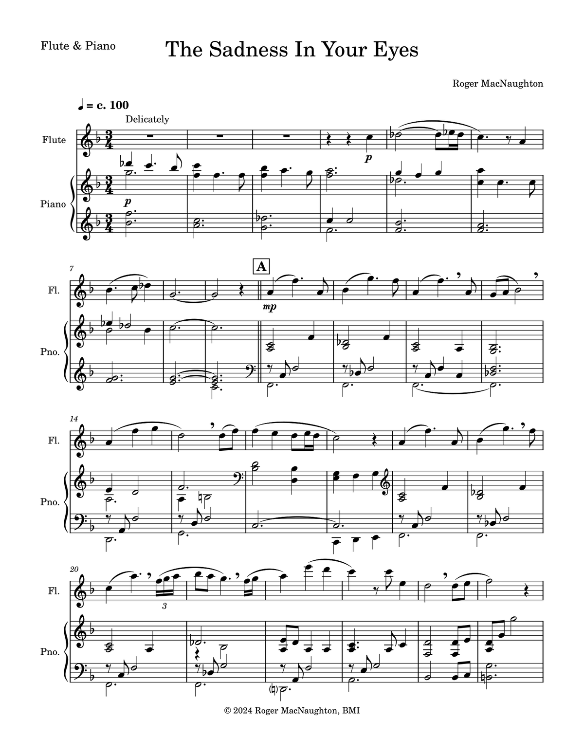 "THE SADNESS IN YOUR EYES" - Sheet Music for Flute & Piano - Instant Download