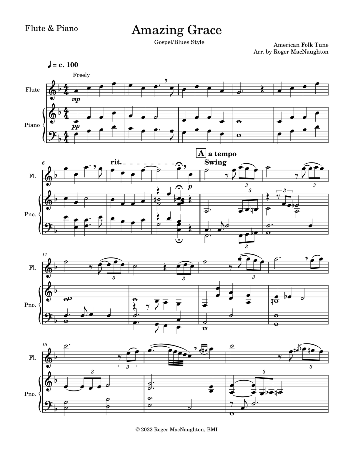 "AMAZING GRACE" - 'Gospel/Blues Style' Sheet Music for Flute & Piano - Instant Download