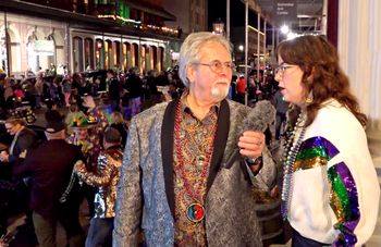 With Visit Galveston expert Mackenzie Finklea and author Christine Hopkins (not shown), PCD hosts a live webcast of the grand Fat Tuesday parade, bringing Mardi Gras Galveston 2024 to a close. Photo: Joey McCusker
