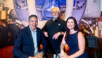 Space Center Houston president and CEO William Harris, producer/director Paul Cater Deaton and show host Ashley Graves following an interview for the "From Our Space to Yours" program on Nassau Bay TV. Photo by Meridyth Moore
