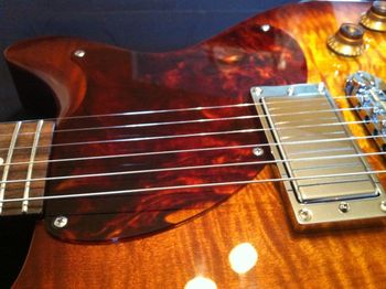 The pickguard was cut from a choice piece of Tortoid hand-cast acrylic.  Every detail is addressed, including hand polishing the edge of the new pickguard.
