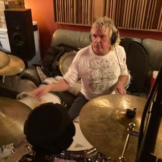 Gord Finley plays around his kit at Bova Sound during Critical Misunderstandings On The Precipice sessions.
