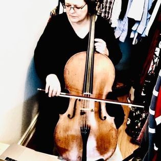 Margaret plays cello from her home studio during Tendrils album sessions.
