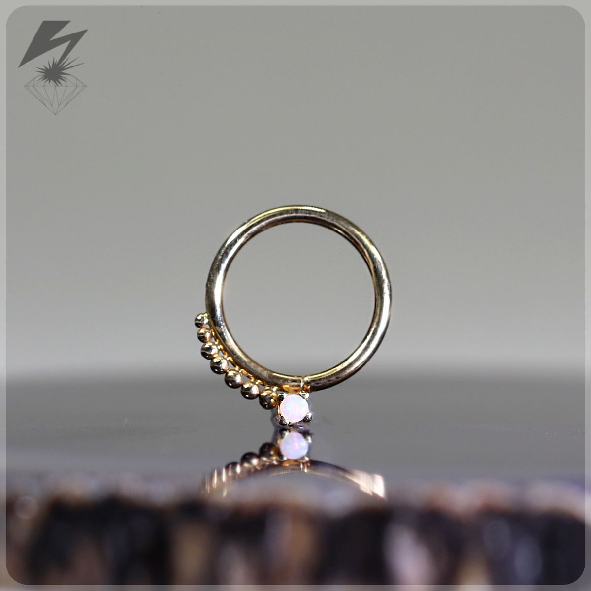 18g. 5/16" 7 Bead Yellow Gold Ring w/ White Opal