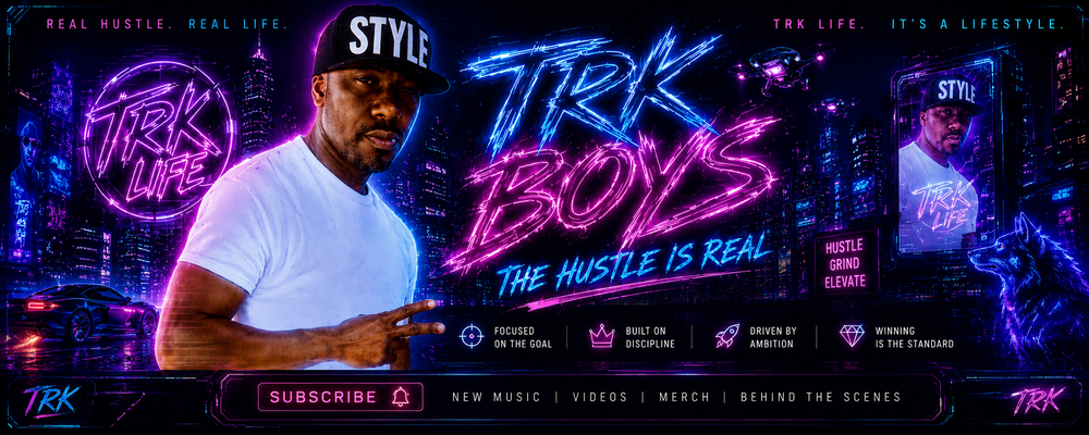 "TRK BOYS offficial merch banner featuring a man in a white t-shirt and black 'STYLE' snapback hat against a neon purple and blue cyberpunk city skyline. The graphic includes neon text 