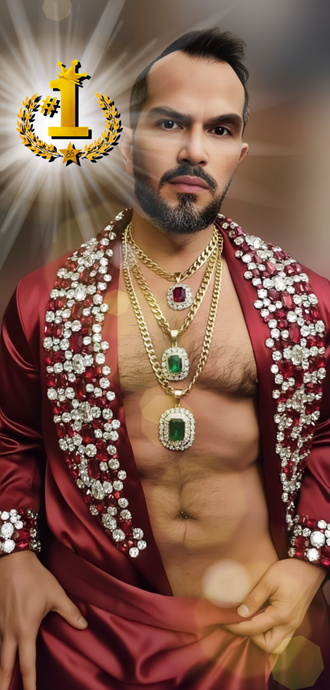 The World’s No.1 Superstar® stands chiseled and dominant, wrapped in crimson luxury and gold chains, embodying masculine seduction, authority, and irresistible global icon power.