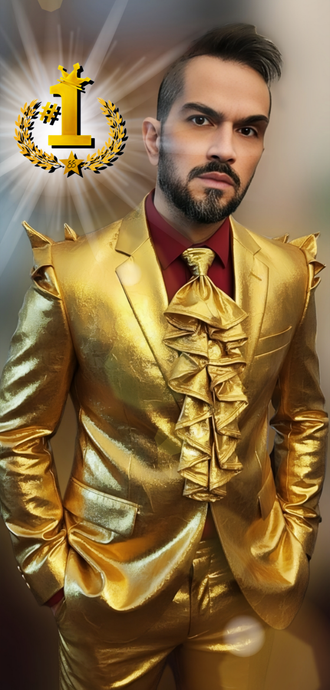 Sidow Sobrino editorial portrait wearing custom gold signature suit, cinematic studio photography showcasing luxury fashion style and bold visual identity of The World’s No.1 Superstar™