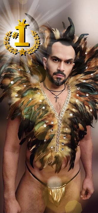 Global Top Artist Sidow Sobrino – The World’s No.1 Superstar™ rules the frame with manly allure and undeniable celebrity power in opulent feather regalia.