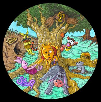"Sticky Pooh" Winner of the Artist's Choice Award at the "Who Arted?" charity art show/gallery. Hand painted Winnie the Pooh Record made using... 12" Vinyl Winnie the Pooh record, spray acrylic base, gray spray paint base, acrylics, paint pens, color pencils, clear matte finish.
