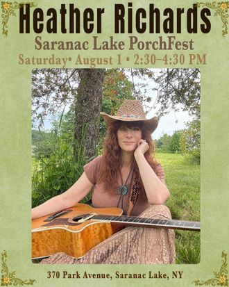 Heather Richards performing at Saranac Lake PorchFest with acoustic guitar in the Adirondack Mountains, traditional country, Americana and bluegrass singer-songwriter