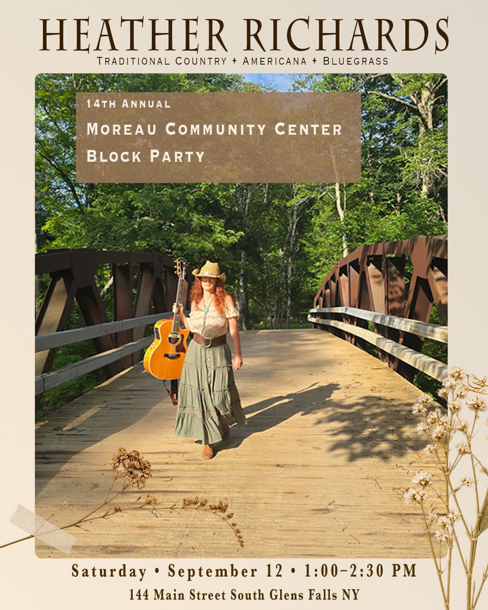 Heather Richards with her guitar on a wooded bridge in a flyer for the 14th Annual Moreau Community Center Block Party, September 12, 2026, in South Glens Falls, NY
