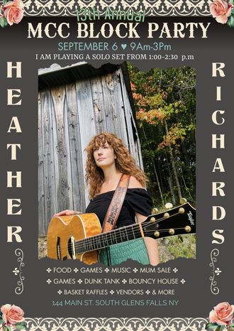 MCC Block Party event poster featuring Heather Richards with an acoustic guitar, advertising a September 6 solo performance in South Glens Falls, New York