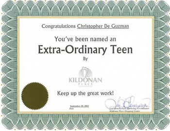 HOT 103 / Kildonan Place Extra-Ordnary Teen Grand Prize Winner: For extra-ordinary academic accomplishments, volunteerism, and athletic or musical pursuits. City-wide contest. Winner (Chris) announced and interviewed on HOT 103 Radio at Kildonan Place Shopping Center. Zac won the $1,500 Grand Prize.

