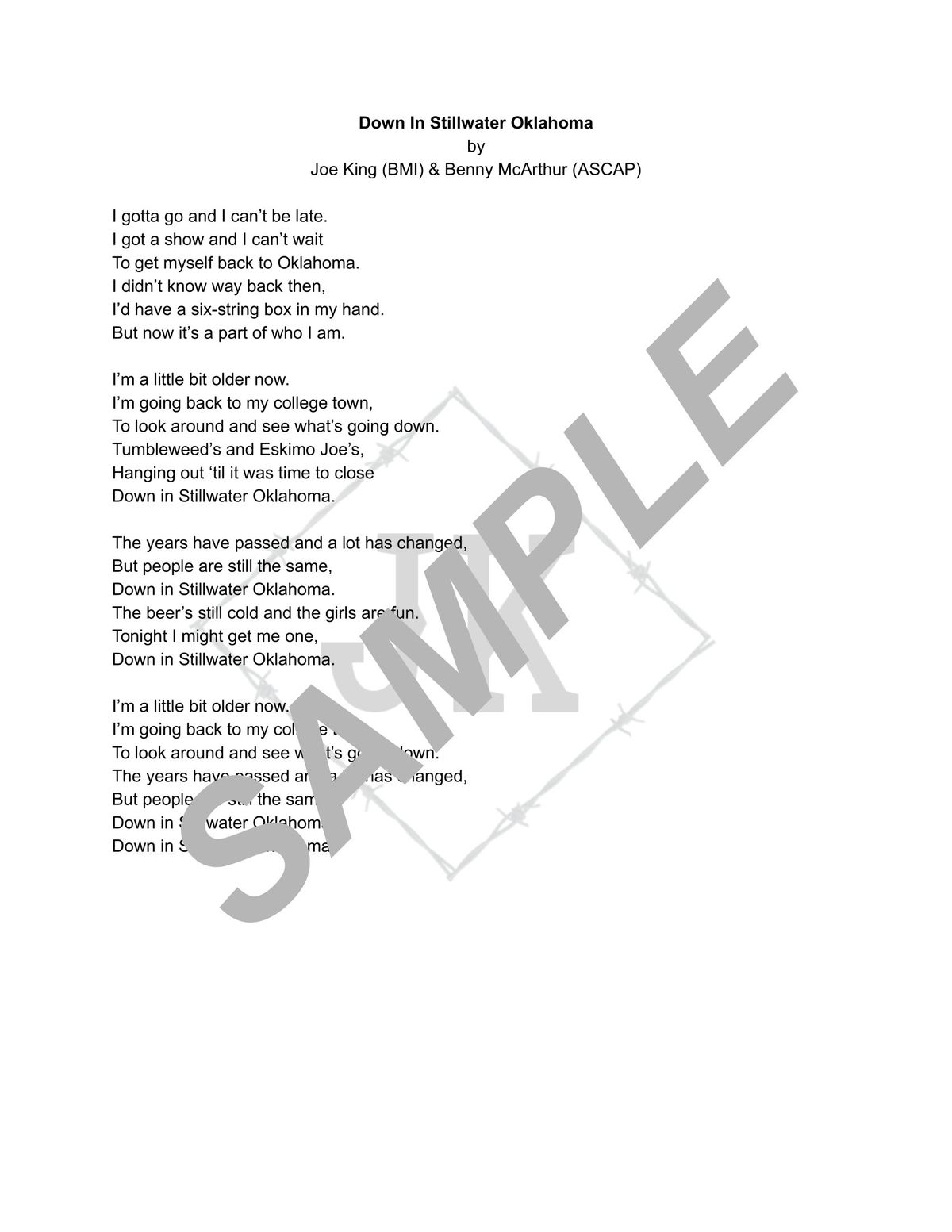 Autographed Lyrics Sheet for Down In Stillwater Oklahoma