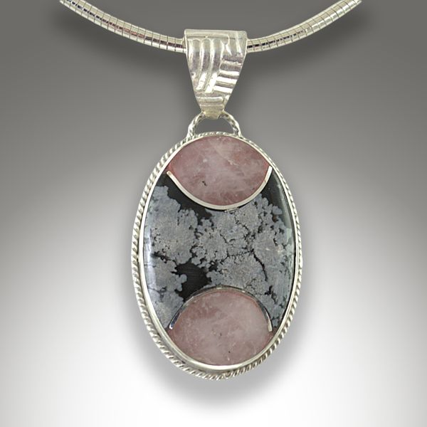 Snowflake Obsidian & Rose Quartz Sterling Silver Inlay/Intarsia Pendant"