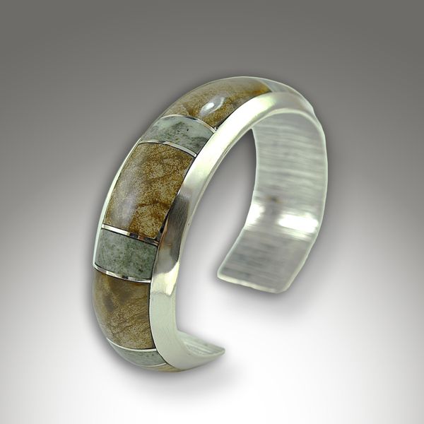 Fossilized Wood & Grossular Garnet Inlay Sterling Silver Cuff
