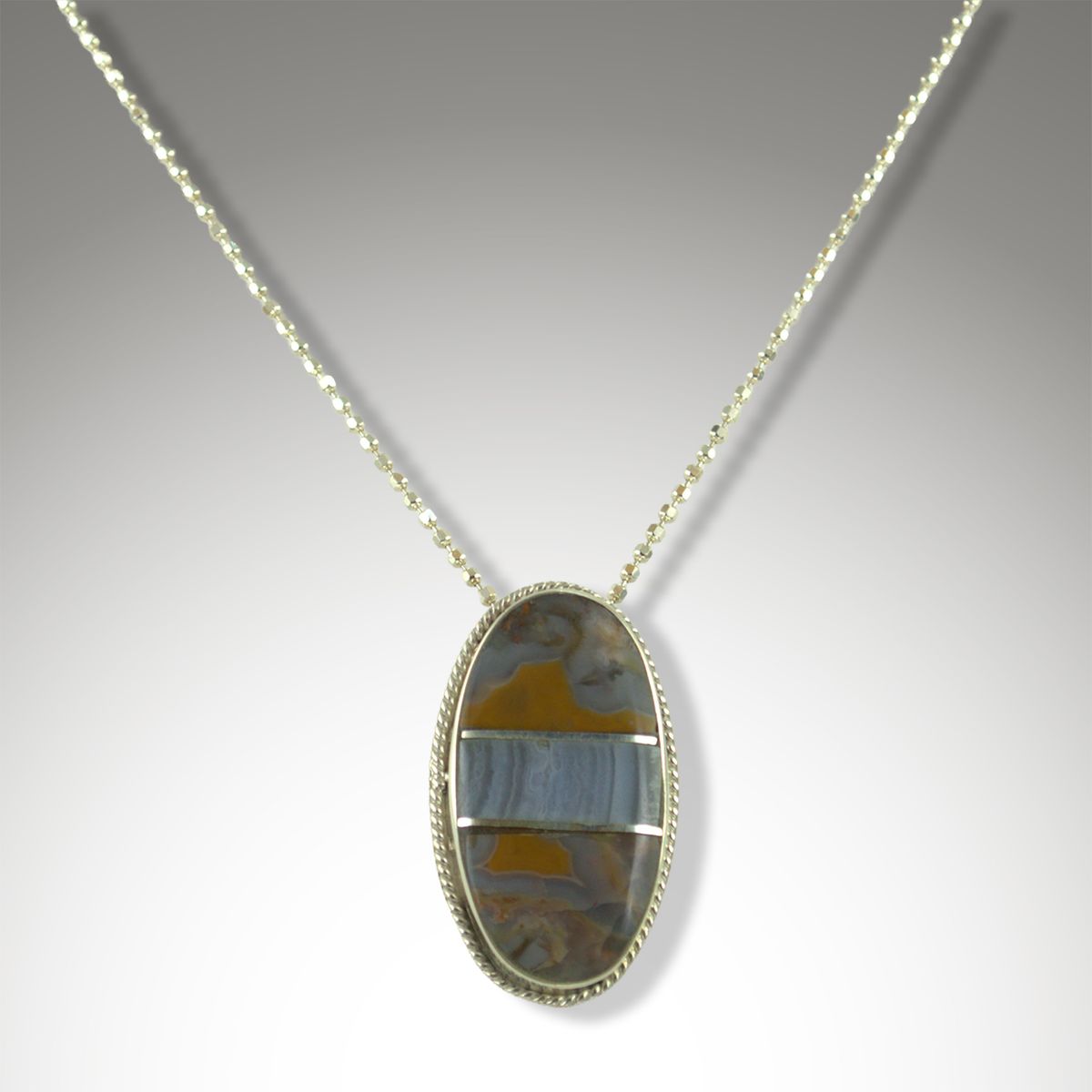 Handcrafted Kentucky Agate & Blue Lace Agate Sterling Silver Inlay/Intarsia Pendant.